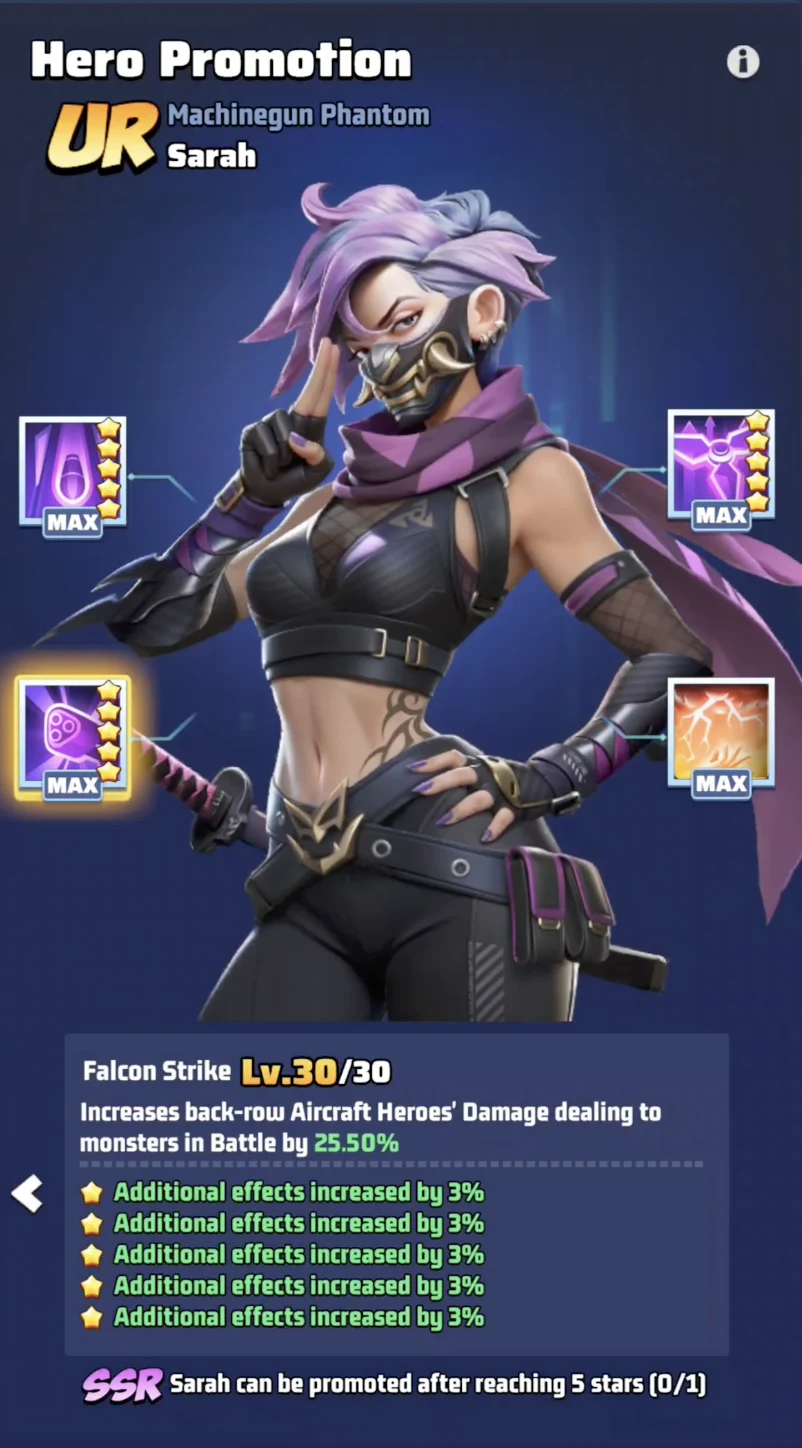 Sarah's UR Hero Promotion screen in Last War Survival, showing her promotion skills and Level 30 Falcon Strike effect.