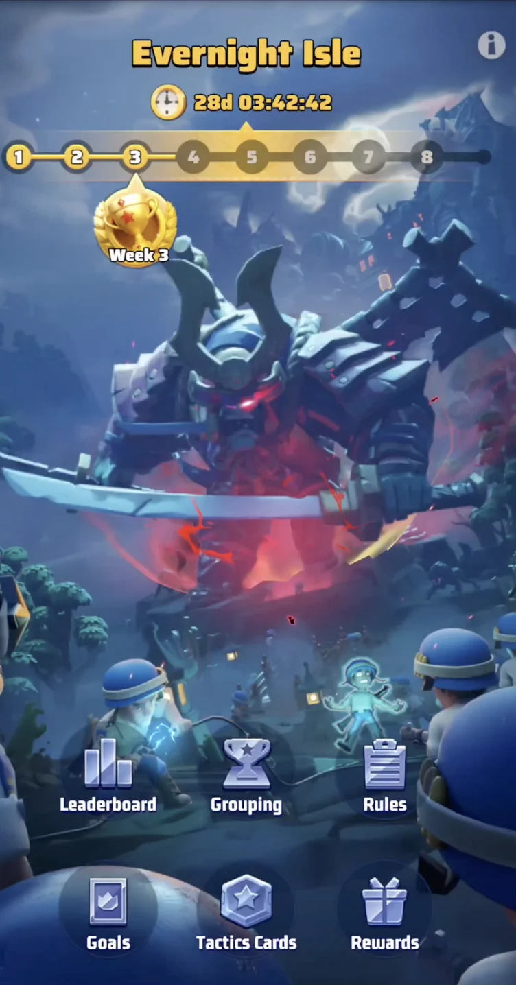 Evernight Isle event screen showing the Week 3 milestone, leaderboard, grouping, rules, goals, Tactics Cards, and rewards panels.