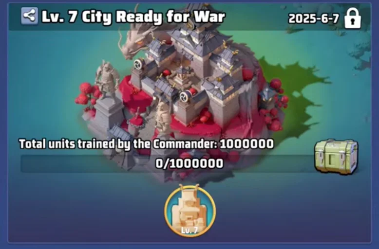 Level 7 City Ready for War mission card for Tenryu Castle, locked until June 7, 2025 on the player's server, with the 1,000,000 units trained goal shown at 0 of 1,000,000.