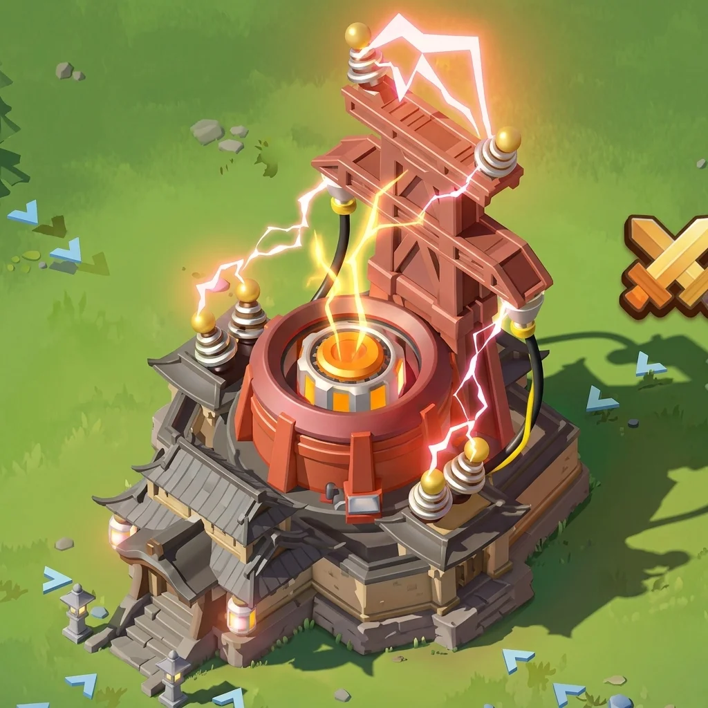 Stylized isometric artwork of a Tesla coil tower crackling with lightning atop a Japanese-style building on Evernight Isle, the cover art for the Last War Survival Season 4 Week 4 guide.