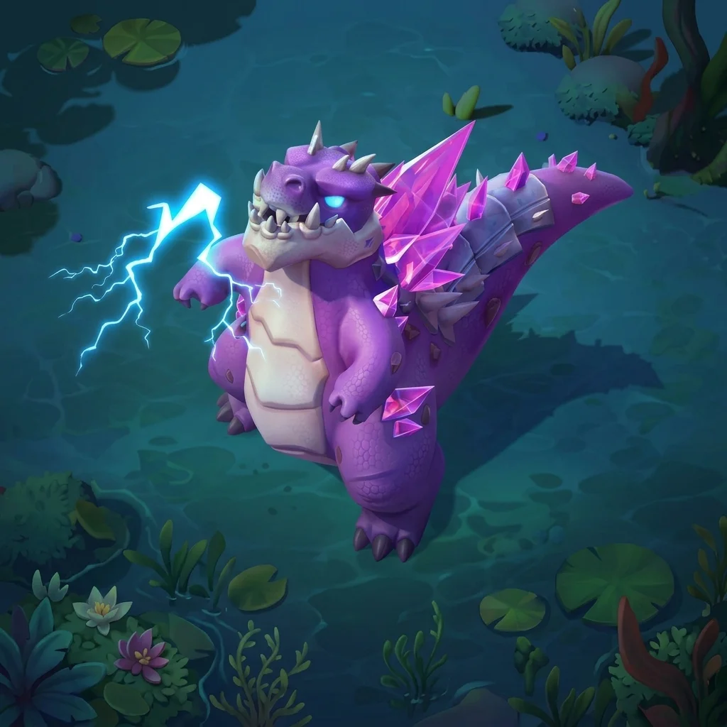 AI-generated artwork of the Warlord's Godzilla-style kaiju — a purple beast with crystal spikes crackling with lightning in a dark swamp — the lead art for the Last War Survival Season 4 Week 5 guide.